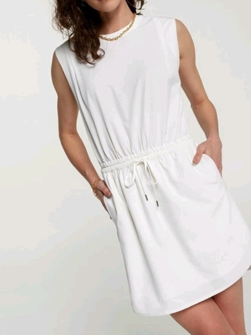 CALIA by Carrie Underwood White Sleeveless Drawstring Waist Dress